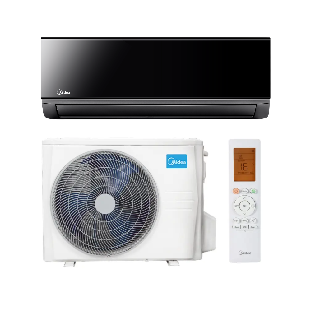 Midea Xtreme Save Black split klíma, fekete dizájnnal, energiatakarékos működéssel, Wi-Fi vezérléssel és fűtésre is alkalmas .