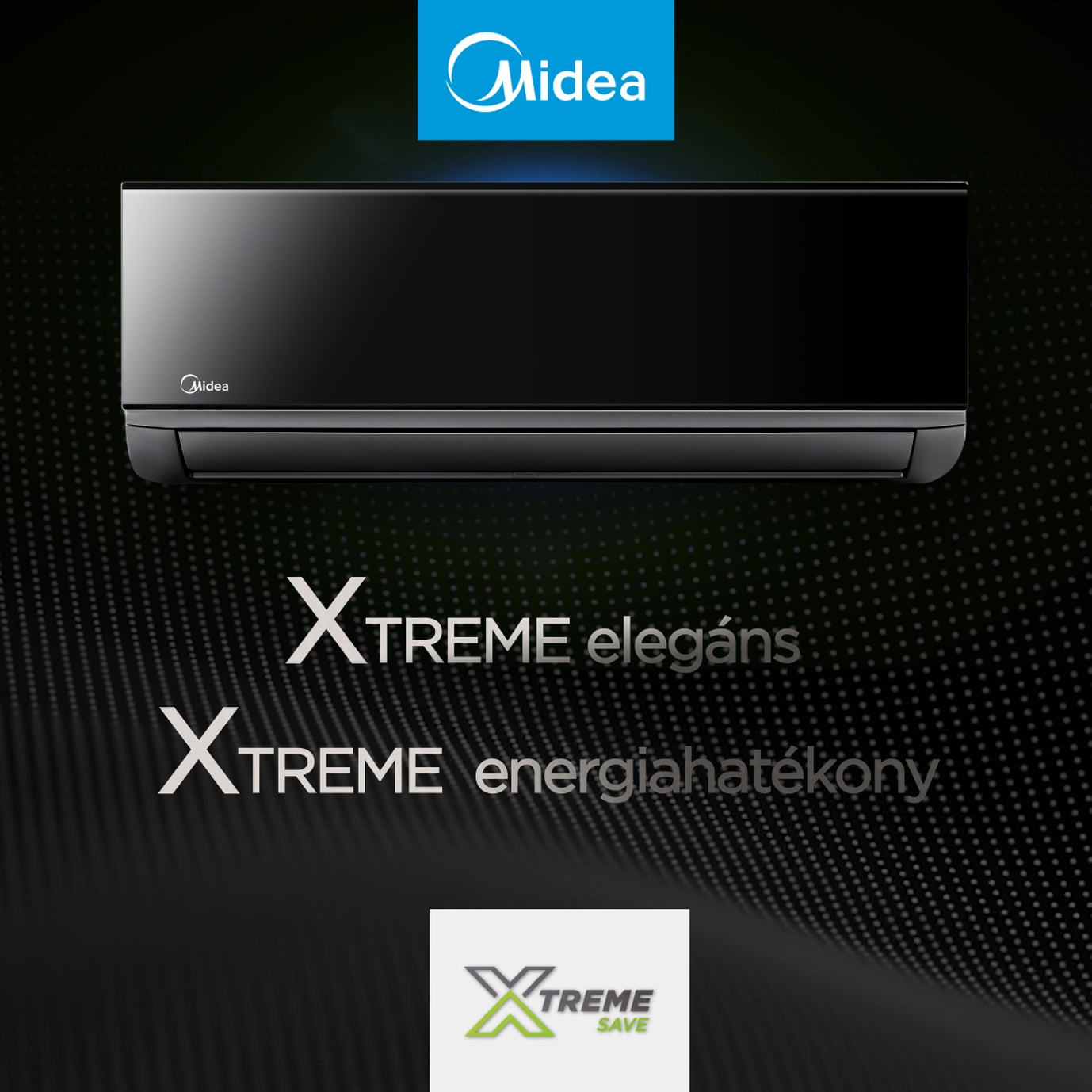 Midea Xtreme Save Black split klíma, fekete dizájnnal, energiatakarékos működéssel, Wi-Fi vezérléssel és fűtésre is alkalmas.